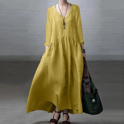 Elegant loose V-neck solid color cotton linen dress