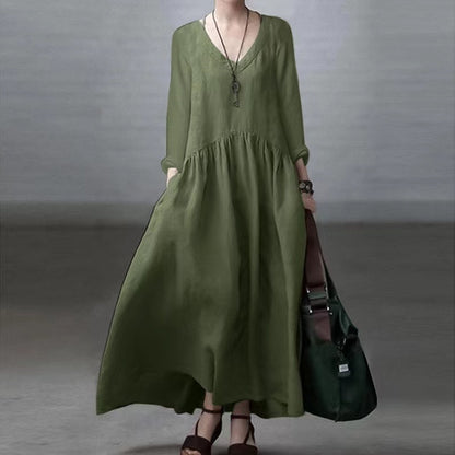 Elegant loose V-neck solid color cotton linen dress