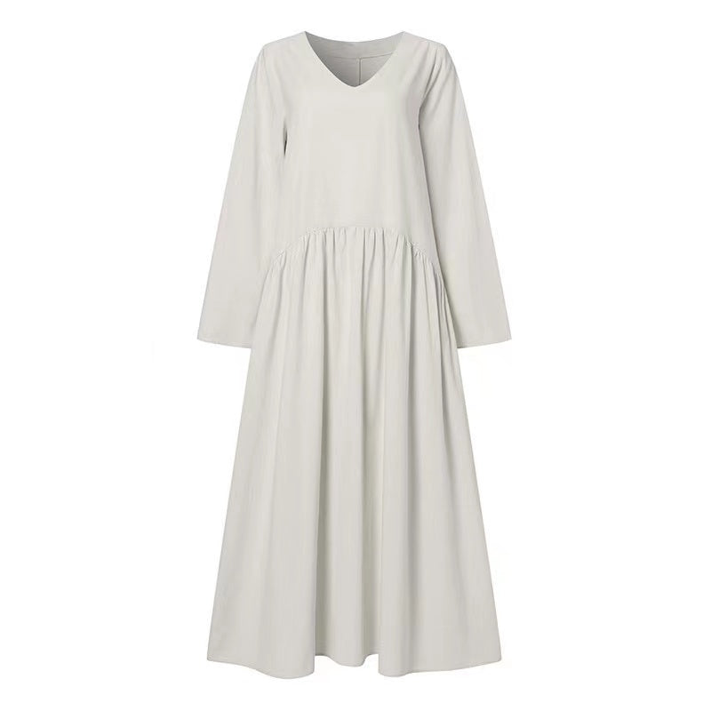 Elegant loose V-neck solid color cotton linen dress