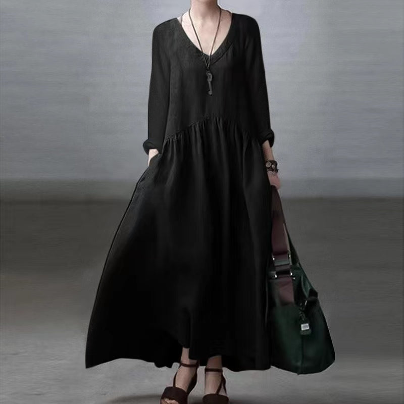 Elegant loose V-neck solid color cotton linen dress