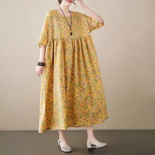 Natural Light Yellow Hem Printed Short Sleeve Dress