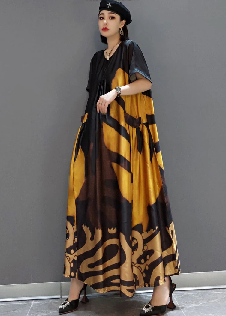 Loose color-blocked O-neck printed satin maxi dress