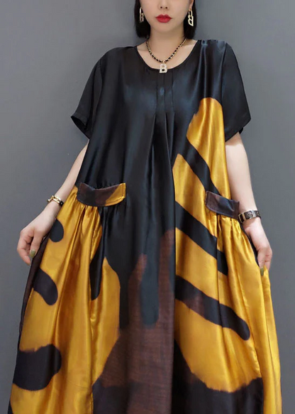 Loose color-blocked O-neck printed satin maxi dress