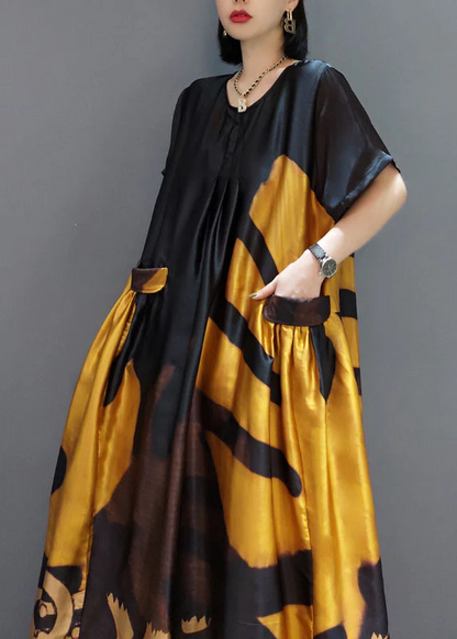 Loose color-blocked O-neck printed satin maxi dress