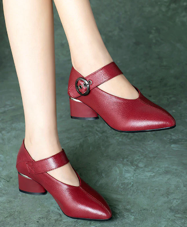 Vintage Burgundy buckle strap stitched chunky heels