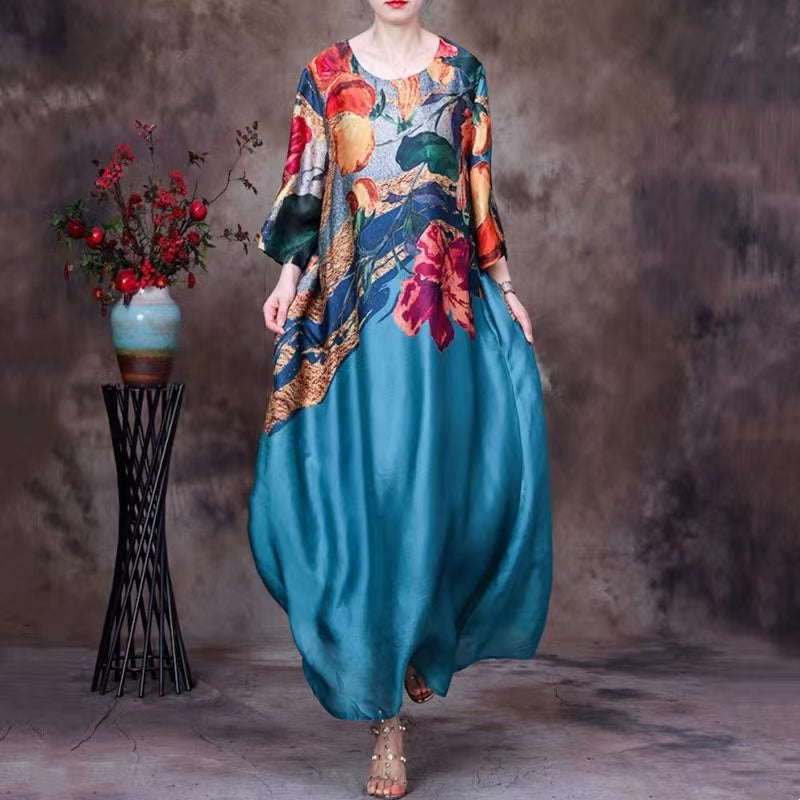 Loose Tencel Print Double Layer Irregular Patchwork Solid Color Dress