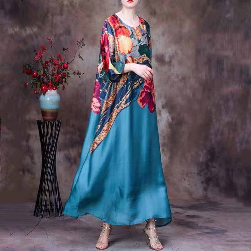 Loose Tencel Print Double Layer Irregular Patchwork Solid Color Dress