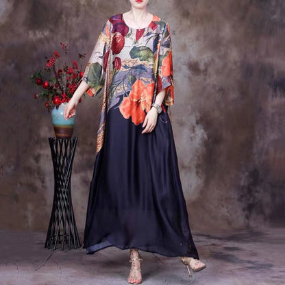 Loose Tencel Print Double Layer Irregular Patchwork Solid Color Dress