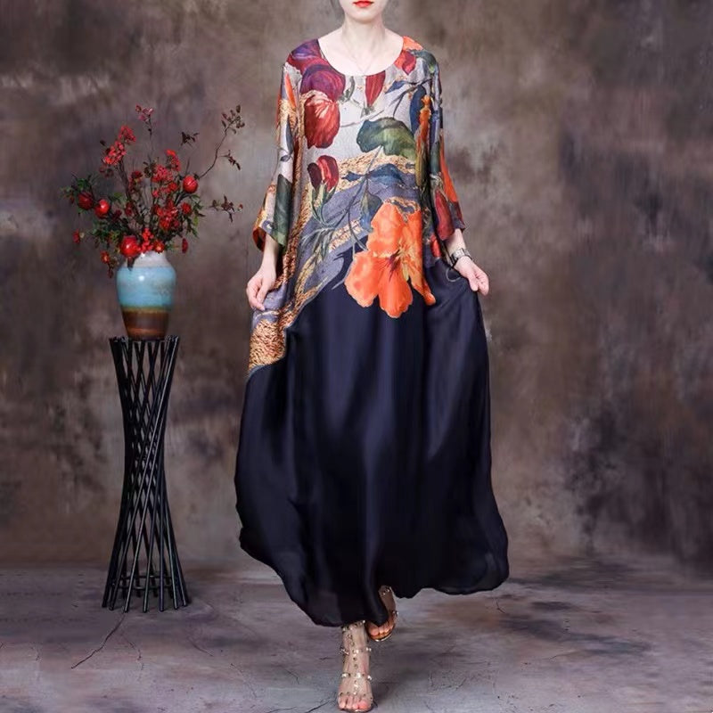 Loose Tencel Print Double Layer Irregular Patchwork Solid Color Dress