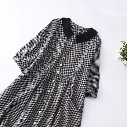 Black And White Plaid Linen Shirt Dress