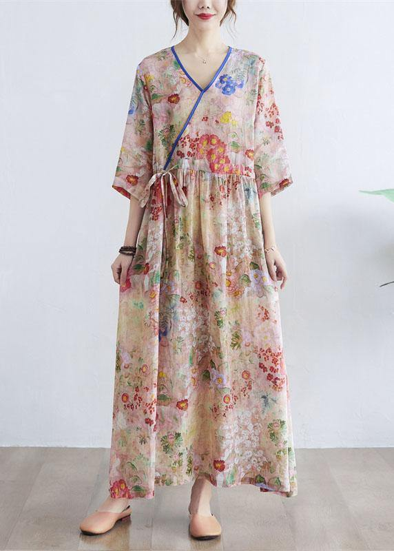 V-Neck Floral Tie Waist Dress Half Sleeve