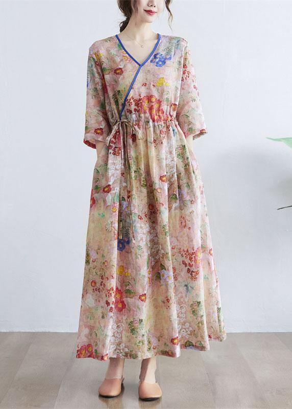 V-Neck Floral Tie Waist Dress Half Sleeve