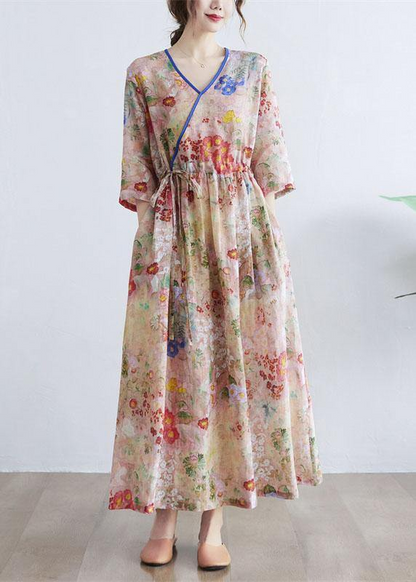 V-Neck Floral Tie Waist Dress Half Sleeve