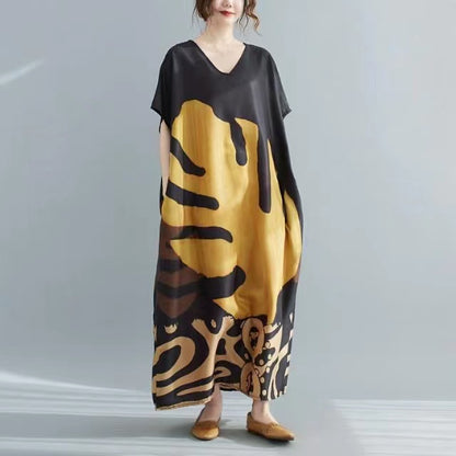 Loose V-Neck Oversized Leaf Print Long Dress Short Sleeve