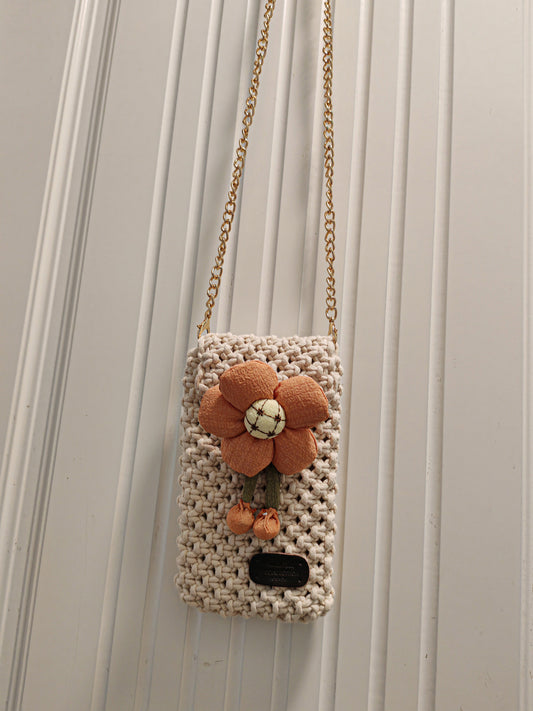 White Flap Puff Chain Floral Crossbody Cell Phone Bag