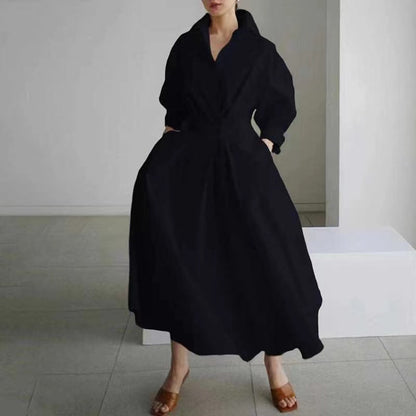 Elegant Lapel Pocket Cotton Long Sleeve Shirt Dress