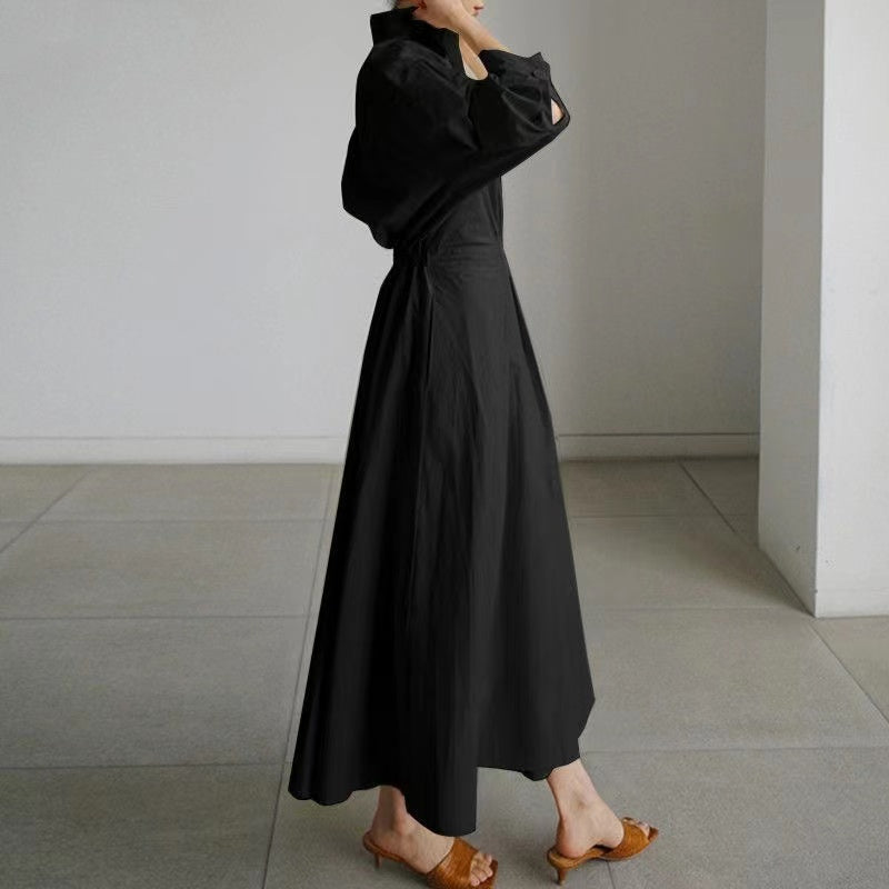 Elegant Lapel Pocket Cotton Long Sleeve Shirt Dress