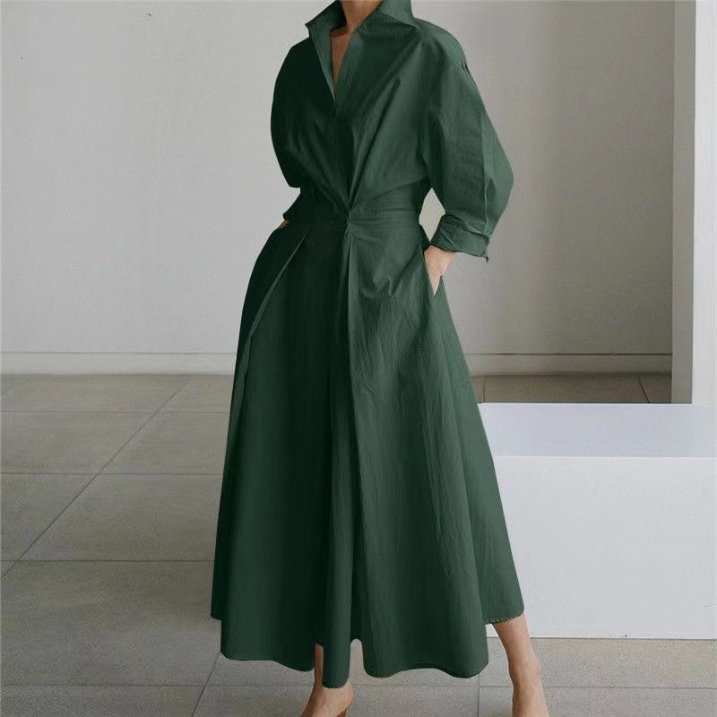 Elegant Lapel Pocket Cotton Long Sleeve Shirt Dress