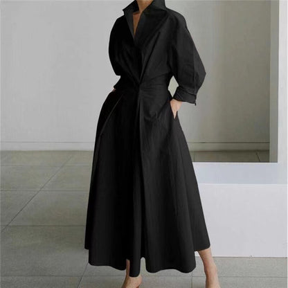 Elegant Lapel Pocket Cotton Long Sleeve Shirt Dress