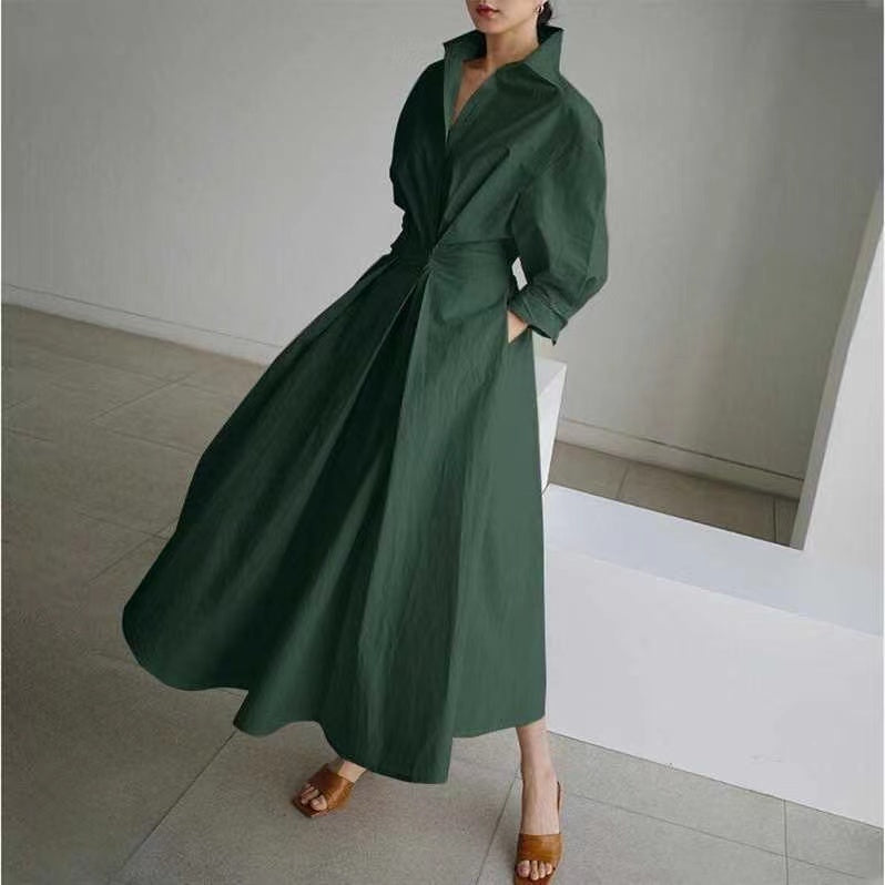 Elegant Lapel Pocket Cotton Long Sleeve Shirt Dress