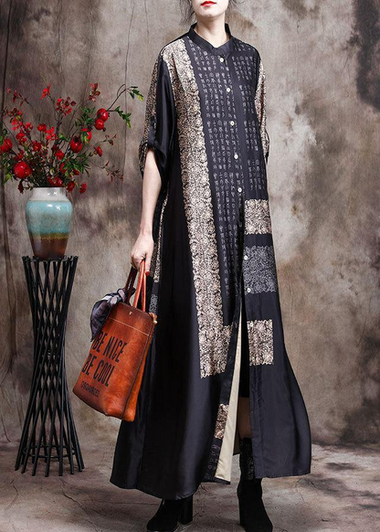 Italian Black Printed Long Silk Dress