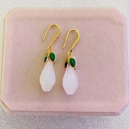 Natural Magnolia Silver Jade Hanging Earrings