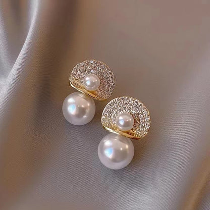 French Gold and Zirconia Pearl Earrings