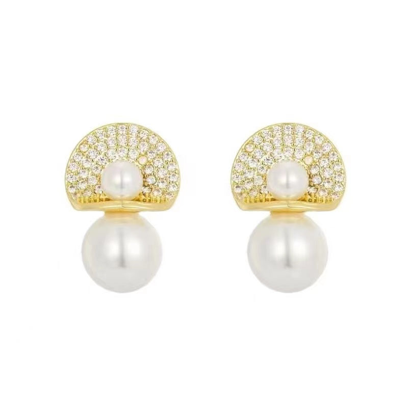 French Gold and Zirconia Pearl Earrings