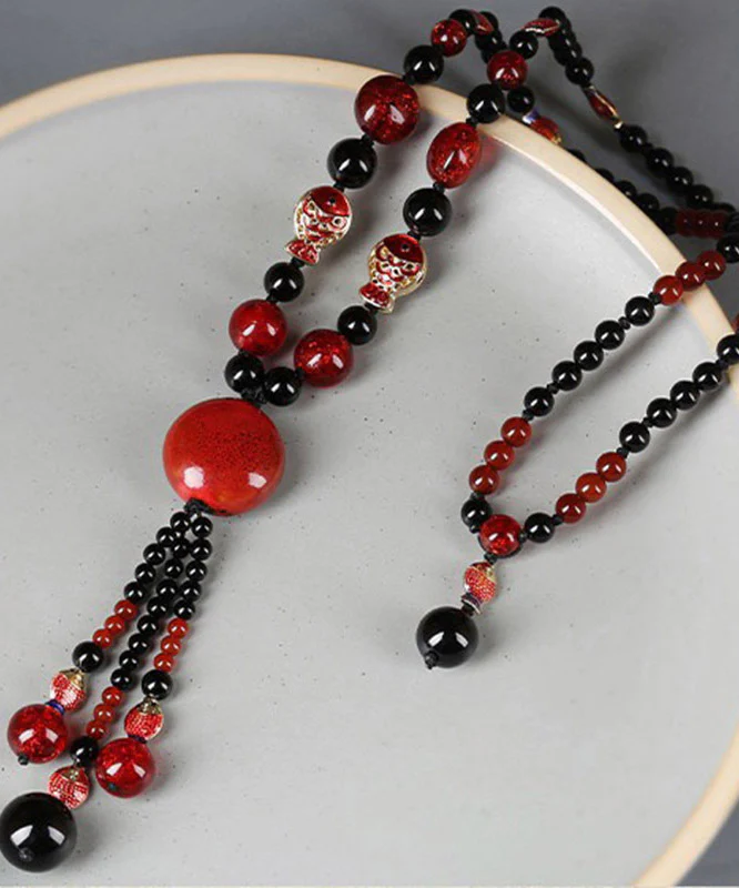 Vintage Long Red Agate Pendant Necklace