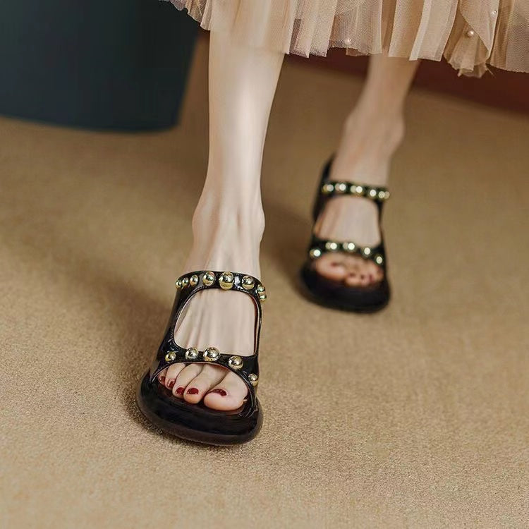 Faux Leather Studded Slippers And Sandals