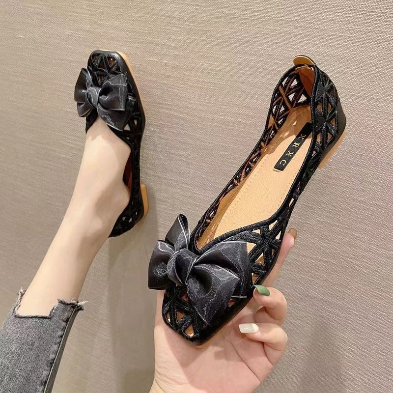 Vintage Square Hollowed-Out Flats With Bow Flat Sandals