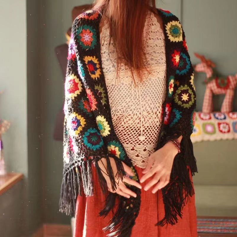 Vintage Bohemian Geometric Fringe Shawl