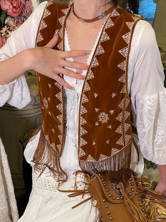 Bohemian Buckskin Embroidered Vest Short Jacket