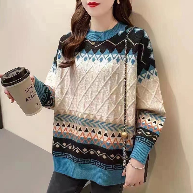 Vintage Crew Neck Geometric Print Long Sweater