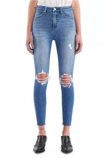 Mid-Rise Skinny Slim Raw Edge Ripped Jeans