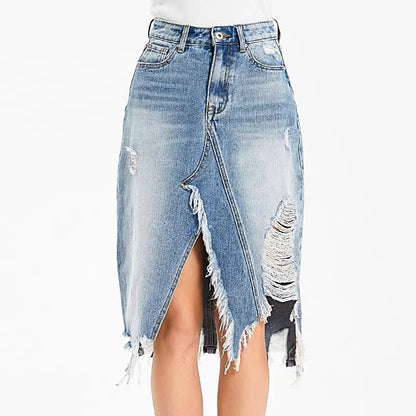 Mid Waist Split Fringe Ripped Half-body Denim Skirt