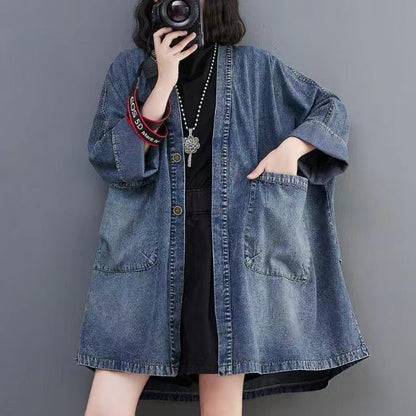 V-neck oversized pocket batwing sleeve denim jacket