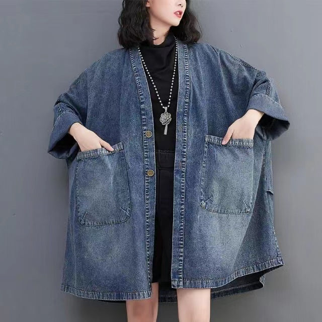 V-neck oversized pocket batwing sleeve denim jacket