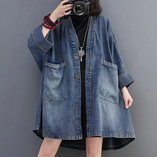 V-neck oversized pocket batwing sleeve denim jacket