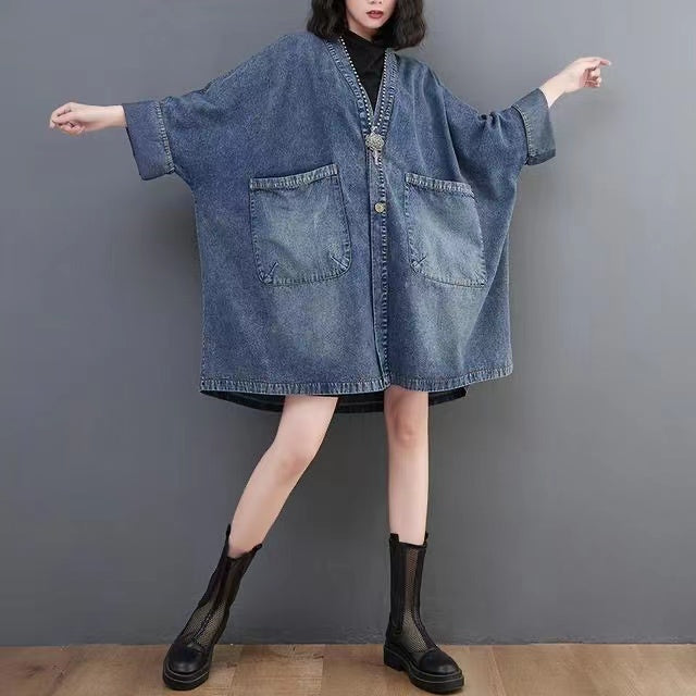 V-neck oversized pocket batwing sleeve denim jacket