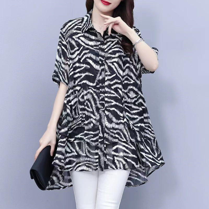 Black Printed Chiffon Spandex Cardigan Shirt