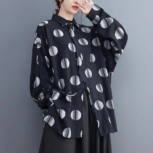 Loose Polka Dot Print Tie Shirt Long Sleeve