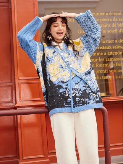 French Art Starry Night Flower and Sea Oil Painting Pattern Cardigan Sweater