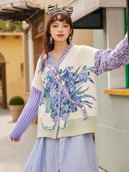 French Art Starry Night Flower and Sea Oil Painting Pattern Cardigan Sweater