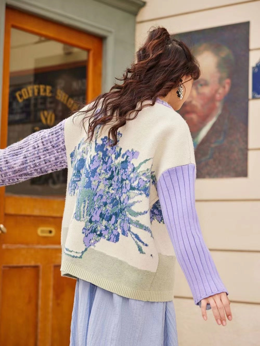 French Art Starry Night Flower and Sea Oil Painting Pattern Cardigan Sweater