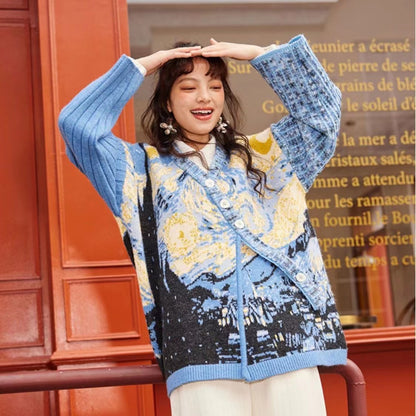 French Art Starry Night Flower and Sea Oil Painting Pattern Cardigan Sweater