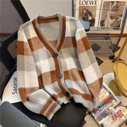 Clashing Plaid Loose Cardigan Sweater