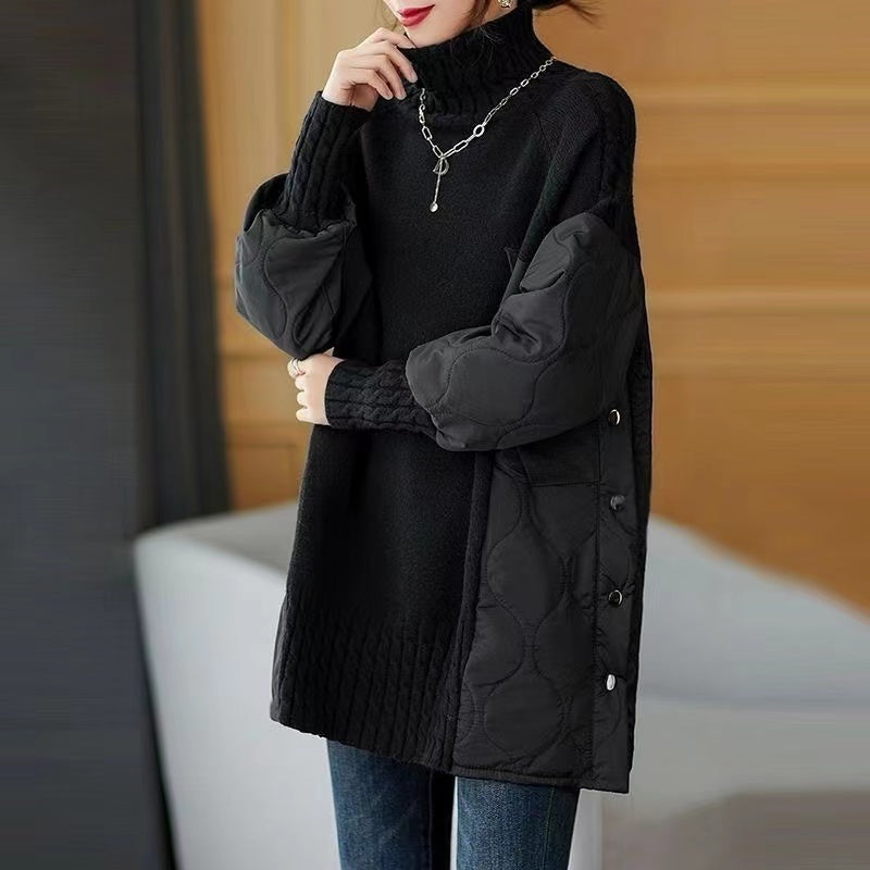 Loose High Neck Splicing Clip Cotton Autumn and Winter Knitted Sweater