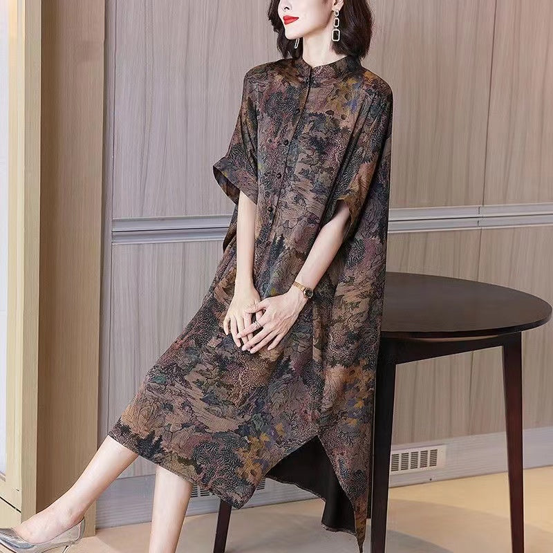 Loose Standing Collar Printed Button Silk Maxi Dress Half Sleeve