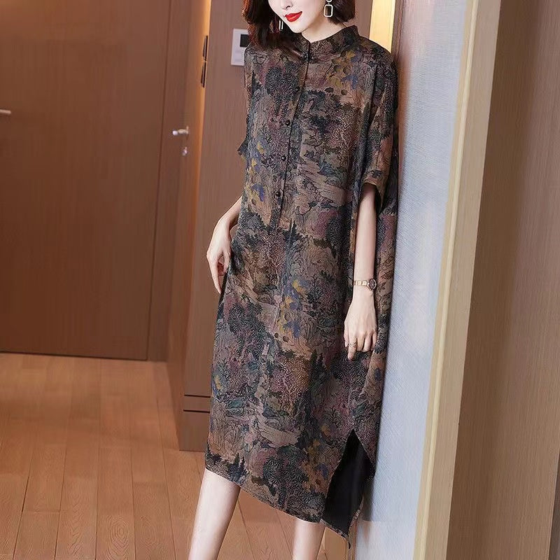 Loose Standing Collar Printed Button Silk Maxi Dress Half Sleeve